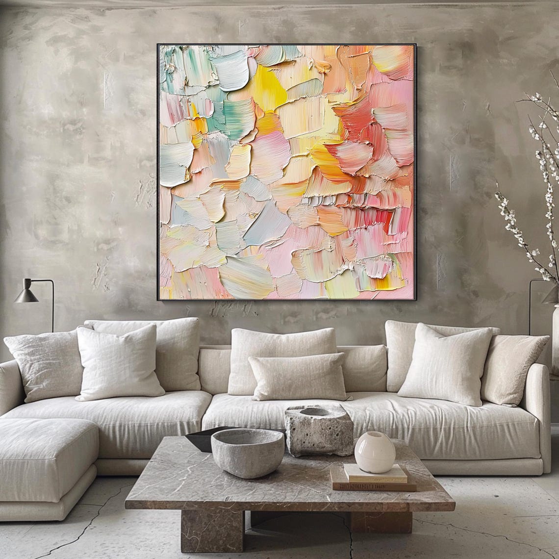 Soft Pastel Abstract Impasto Pink Yellow Cream Modern Calm Wall Art - Image 4