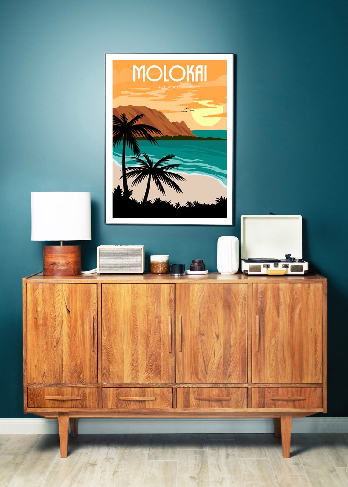 Molokai Hawaii Palm Trees Sunset Beach Tropical Retro Travel Poster - Image 2