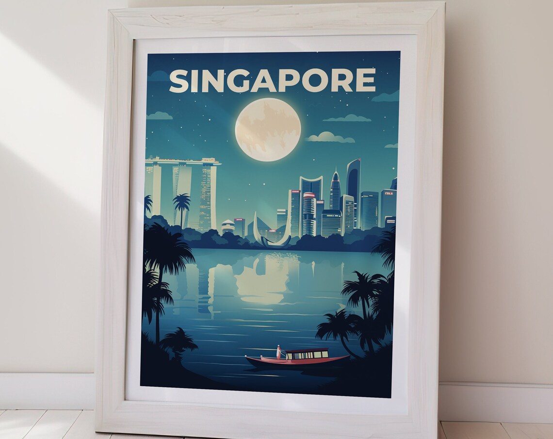 Singapore Night Moonlit Skyline Vintage Travel Poster City Art - Image 2