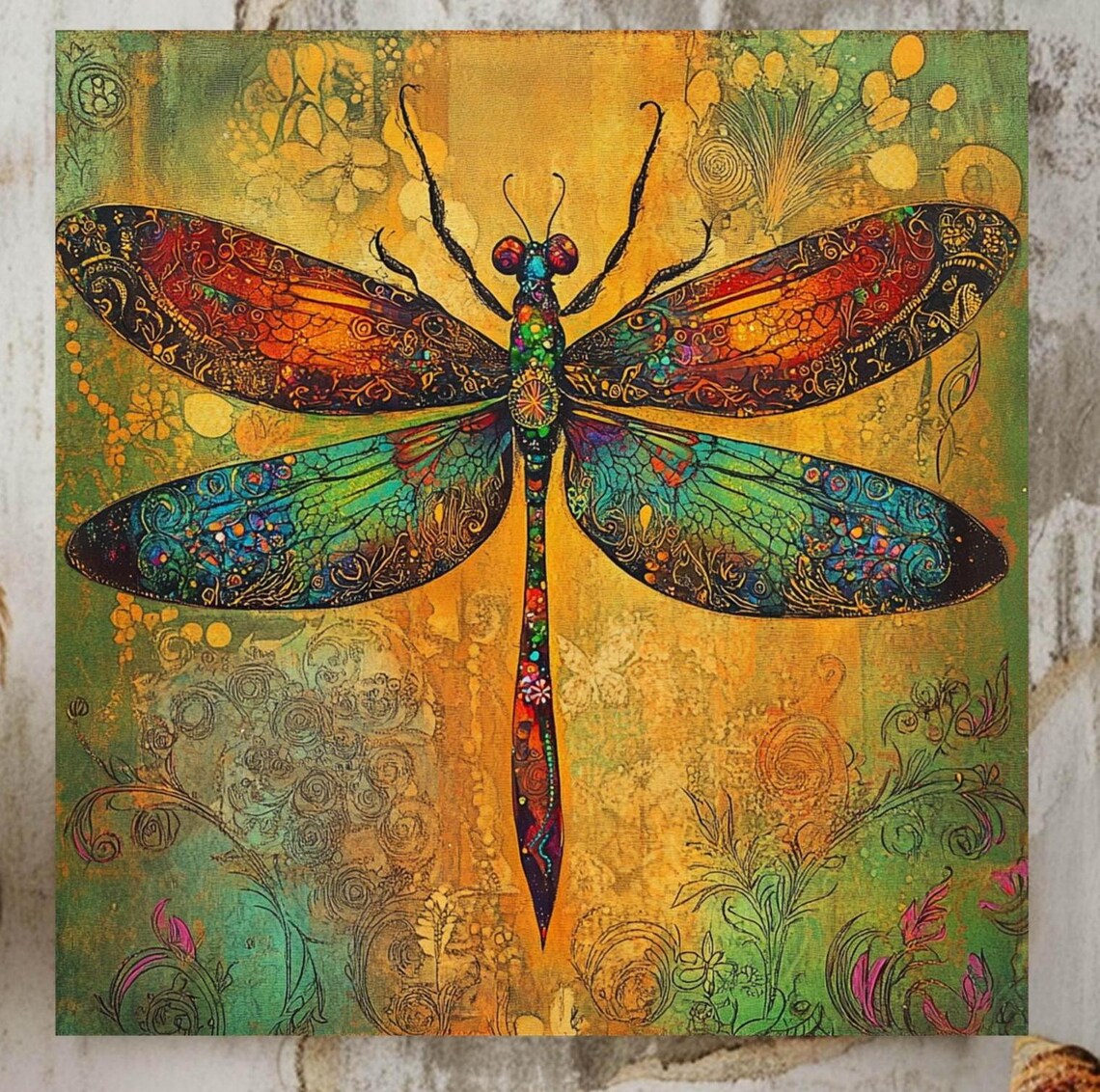 Whimsical Dragonfly, William Morris Style Nature Art