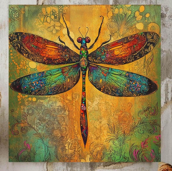 Whimsical Dragonfly, William Morris Style Nature Art