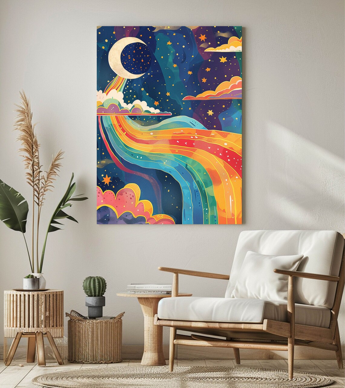 Whimsical Rainbow Sky, Boho Celestial Moon Stars Art - Image 2