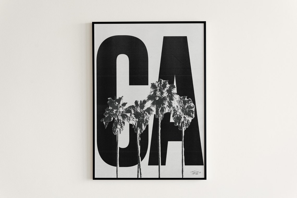 California CA Graphic Palm Trees Black and White Typography Poster