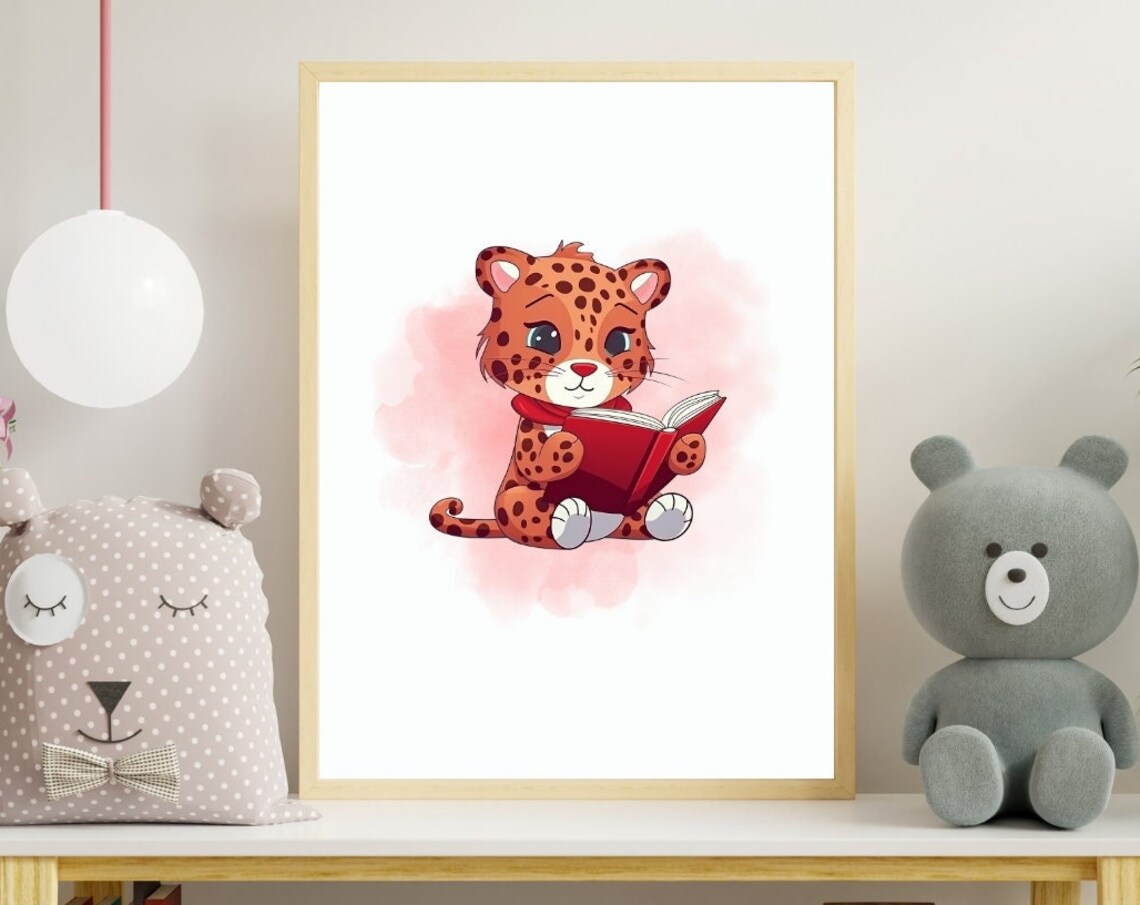 Cute Baby Cheetah Reading a Red Book Kids Room Nursery Poster