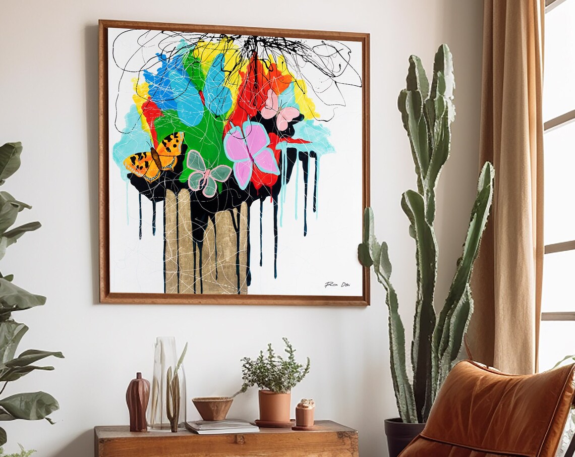 Colorful Butterflies Over Paint Drips Black and White Art Poster