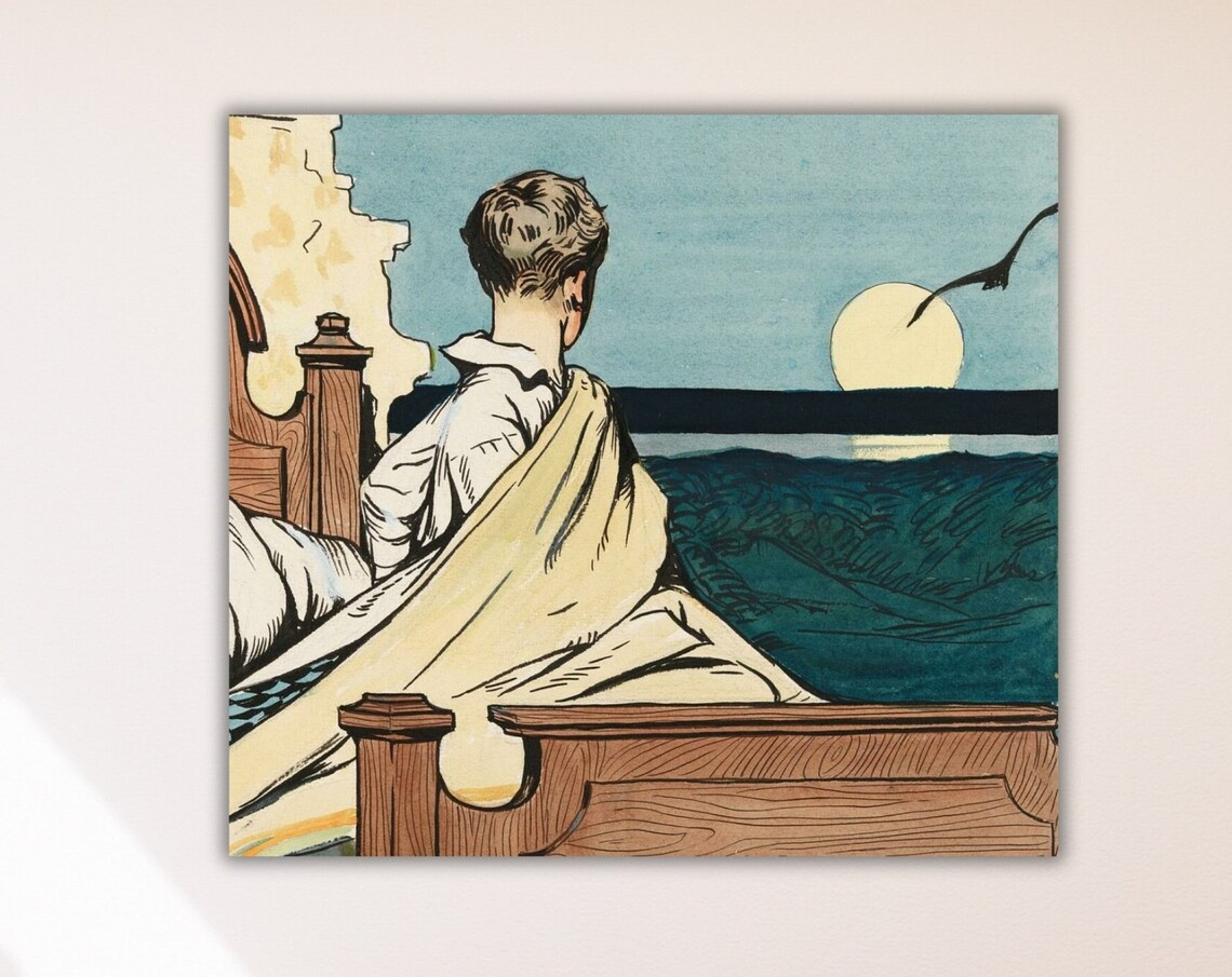 Boy in Bed Gazing at Moon Over Sea Storybook Illustration Poster - Image 3