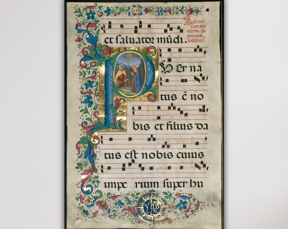 Medieval Illuminated Manuscript Antiphonary Leaf Gregorian Chant Poster