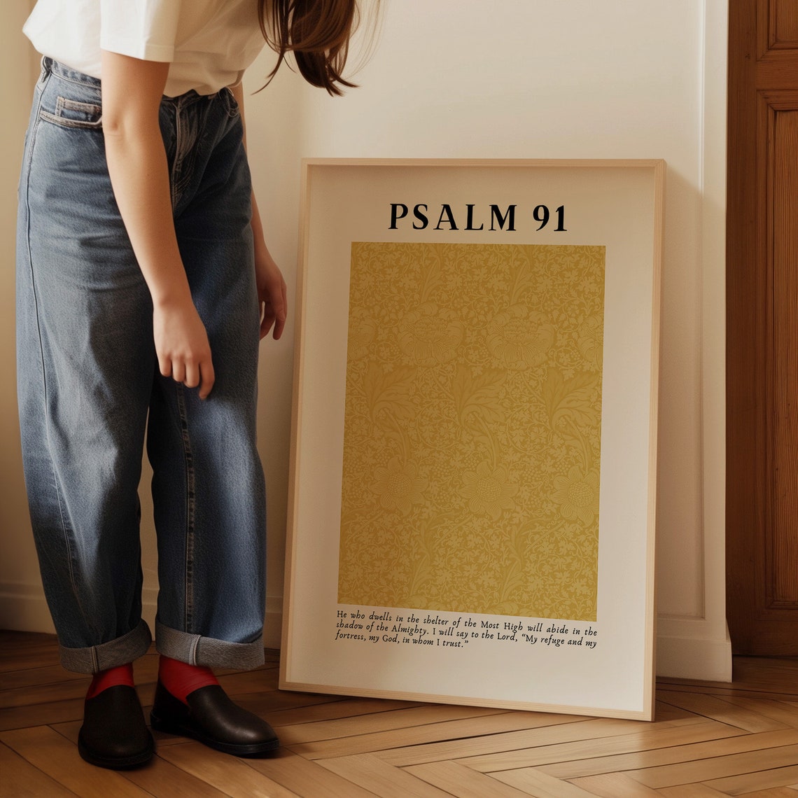 Psalm 91 Gold William Morris Floral Pattern Scripture Poster - Image 4