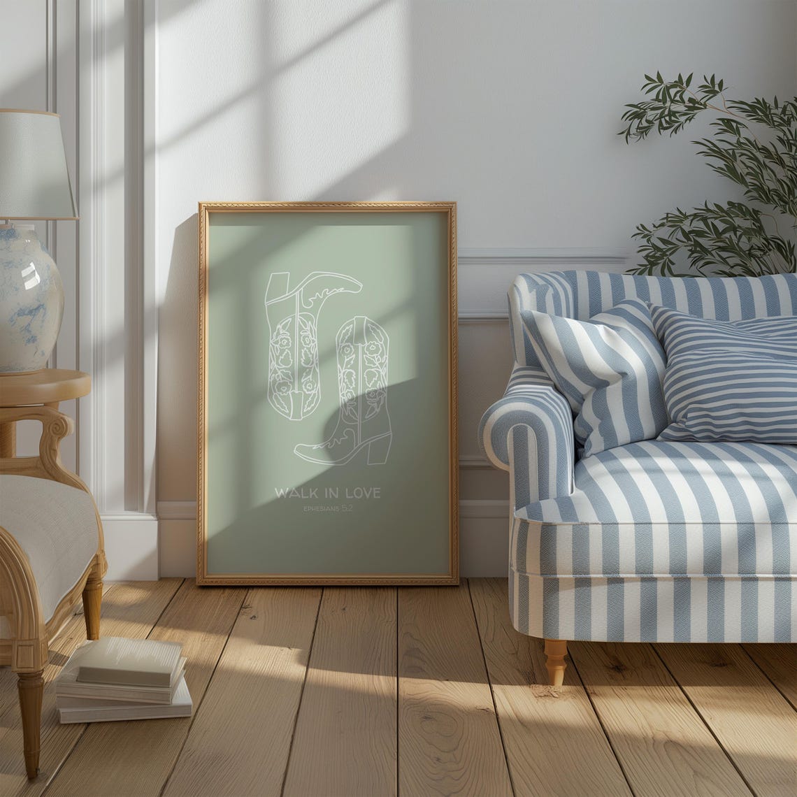 Walk In Love Ephesians 5 2 Sage Green Cowboy Boot Line Art Poster - Image 3