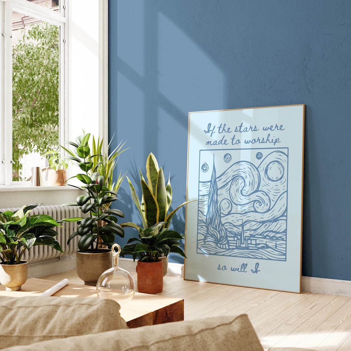 If the Stars Were Made to Worship Starry Night Line Art Blue Faith Poster - Image 4