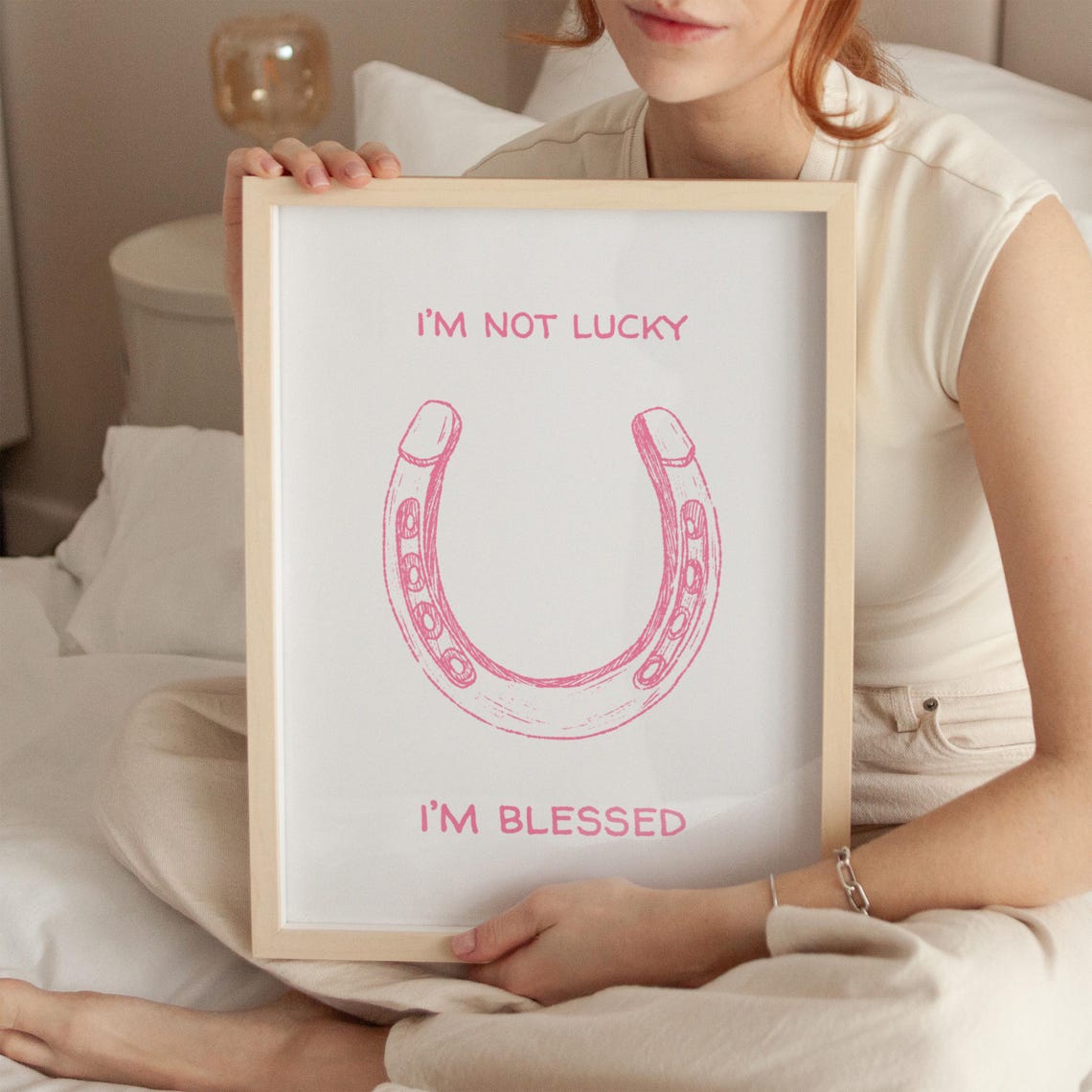 Not Lucky I'm Blessed Pink Horseshoe Western Faith Quote Wall Poster - Image 3