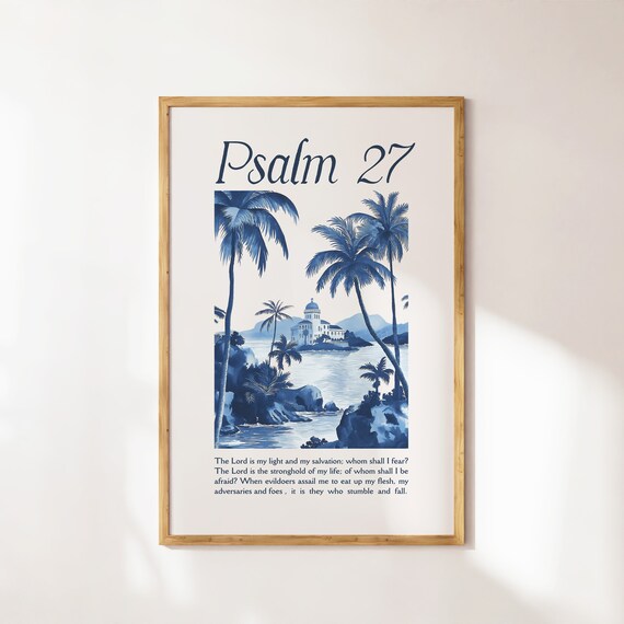 Psalm 27 Navy Blue Coastal Toile Island Scripture Verse Poster