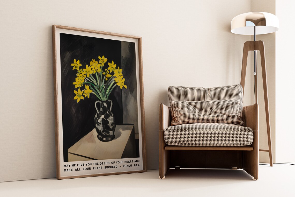 Yellow Daffodils Psalm 20:4 Impressionist Still Life Dark Background Poster - Image 3