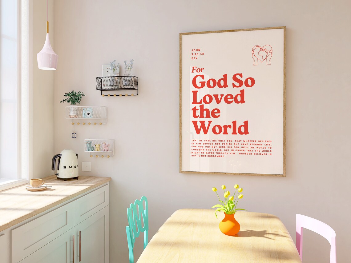 For God So Loved the World John 3 16 18 Red Retro Bible Verse Faith Wall Poster - Image 3