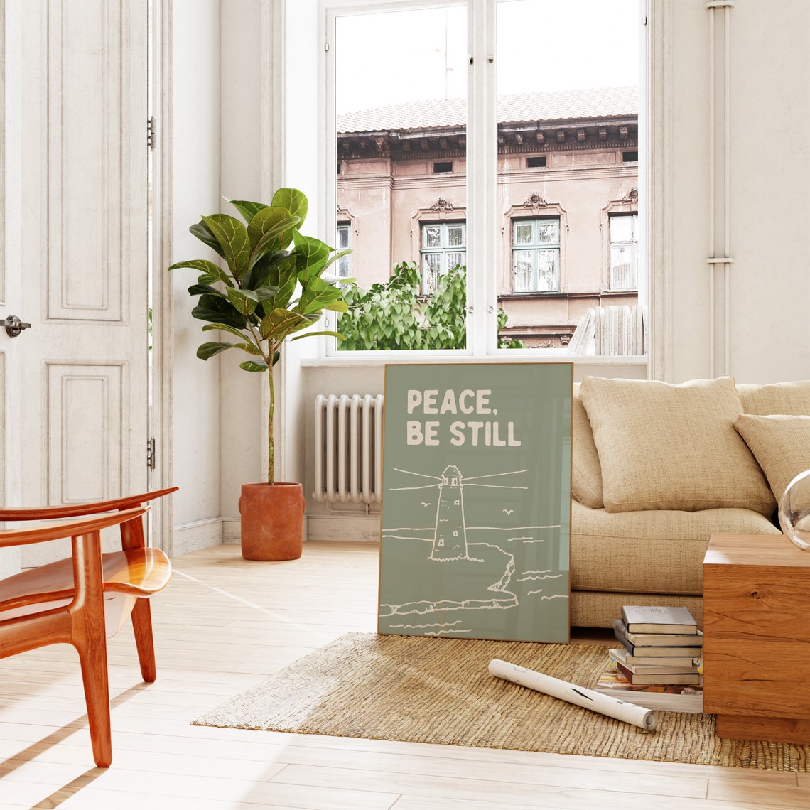 Peace Be Still Sage Green Lighthouse Coastal Christian Poster - Image 3