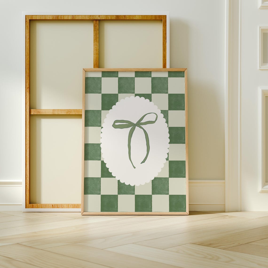 Sage Green Bow Scalloped Checkered Coquette Dorm Room Art Print - Image 4