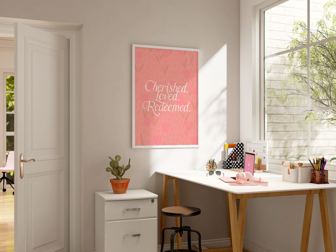 Cherished Loved Redeemed Pink Script Floral Christian Poster - Image 4