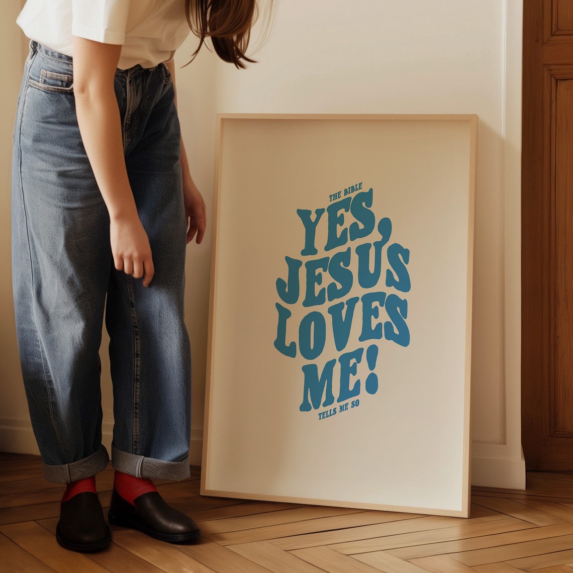 Yes Jesus Loves Me Blue Bold Retro Typography Christian Poster - Image 4