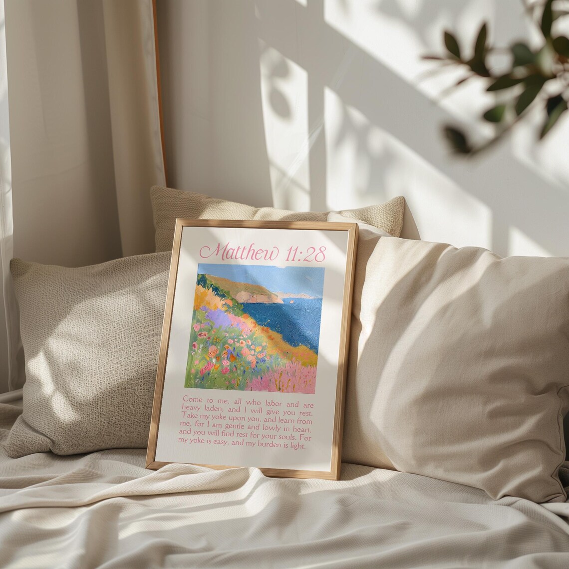 Matthew 1128 Coastal Wildflower Cliff Ocean Painting Faith Poster - Image 4
