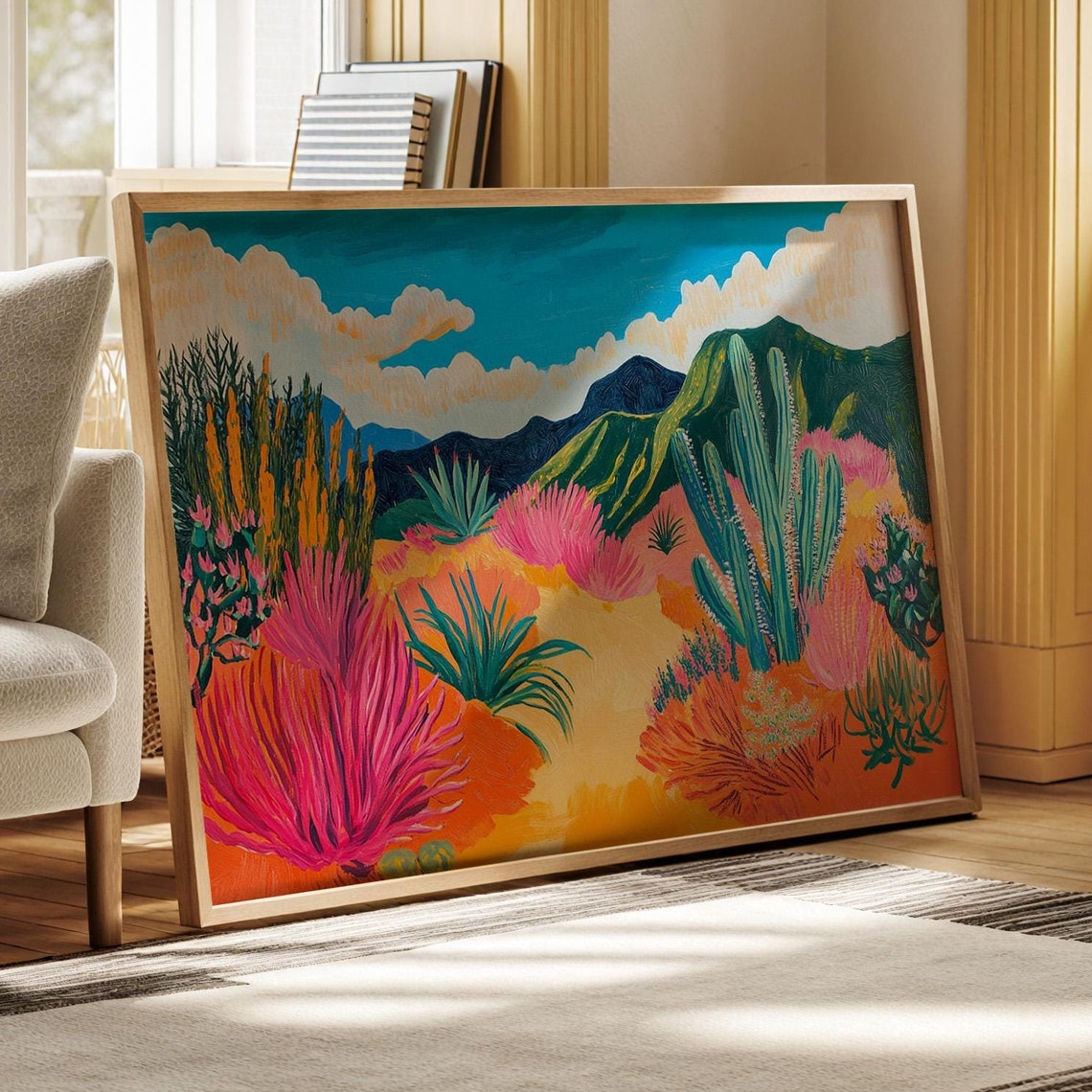 Vibrant Southwest Desert Landscape Painting Style Prints Bold Colors And Cactus Artwork For Modern Wall Decor