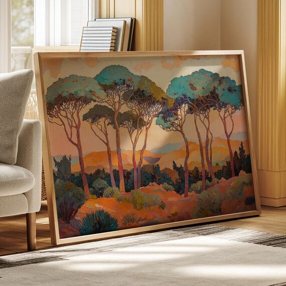 Mediterranean Landscape Painting With Sunset Trees Impressionist Wall Art Prints For Nature Inspired Home Decor