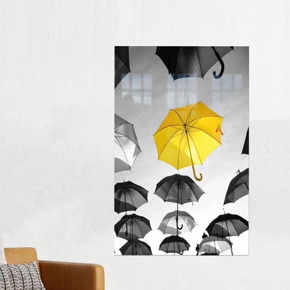 Yellow Umbrella Floating Sky Minimalist Contrast Fine Art Poster