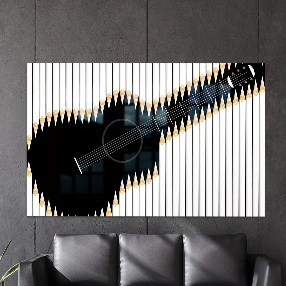 Black Guitar Silhouette White Pencils Gold Tips Music Lover Wall Poster