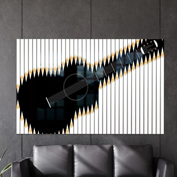 Black Guitar Silhouette White Pencils Gold Tips Music Lover Wall Poster