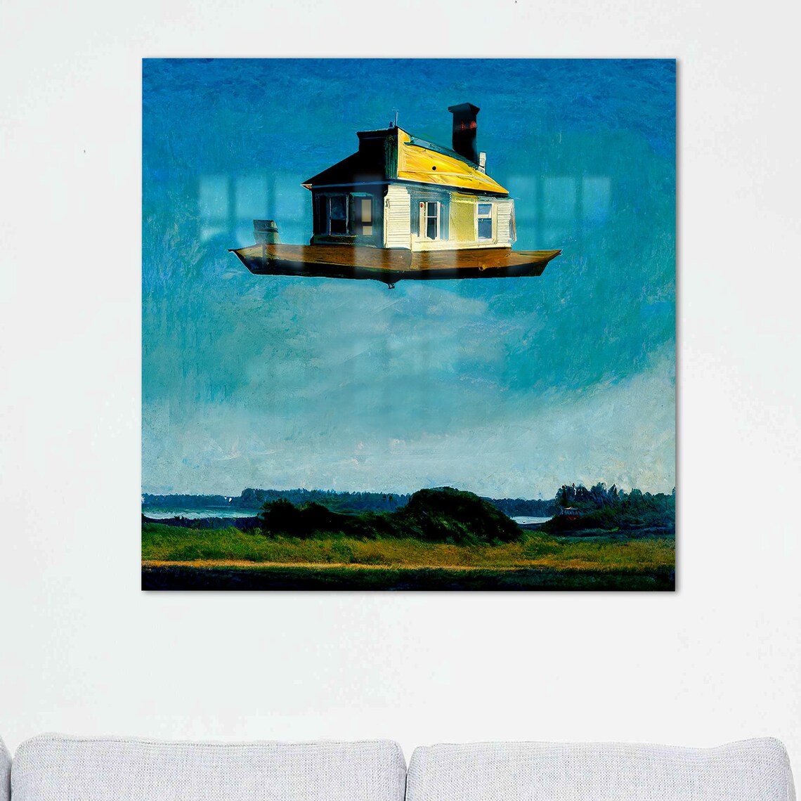 Surreal Floating Houseboat Blue Sky Dreamlike Fantasy Landscape Art Poster