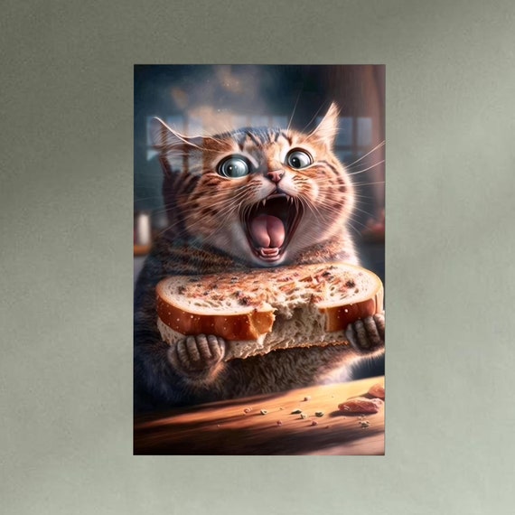 Funny Tabby Cat Holding Bread Slice Happy Kitchen Wall Poster