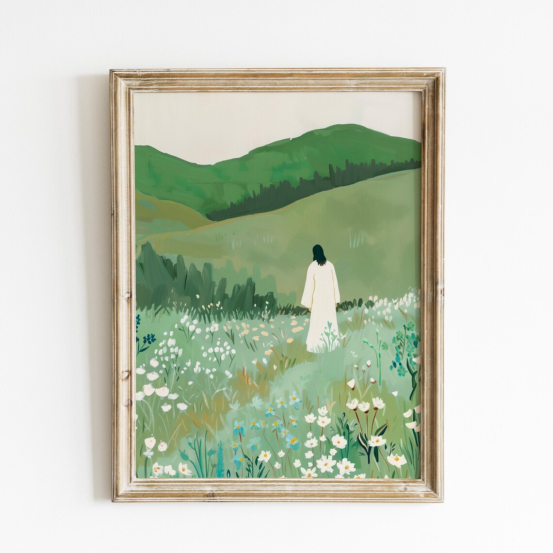 Jesus In The Green Pasture Wildflower Meadow Christian Painting Poster