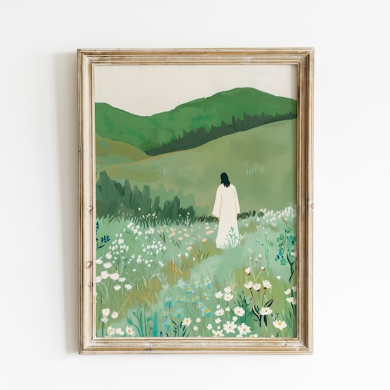 Jesus In The Green Pasture Wildflower Meadow Christian Painting Poster