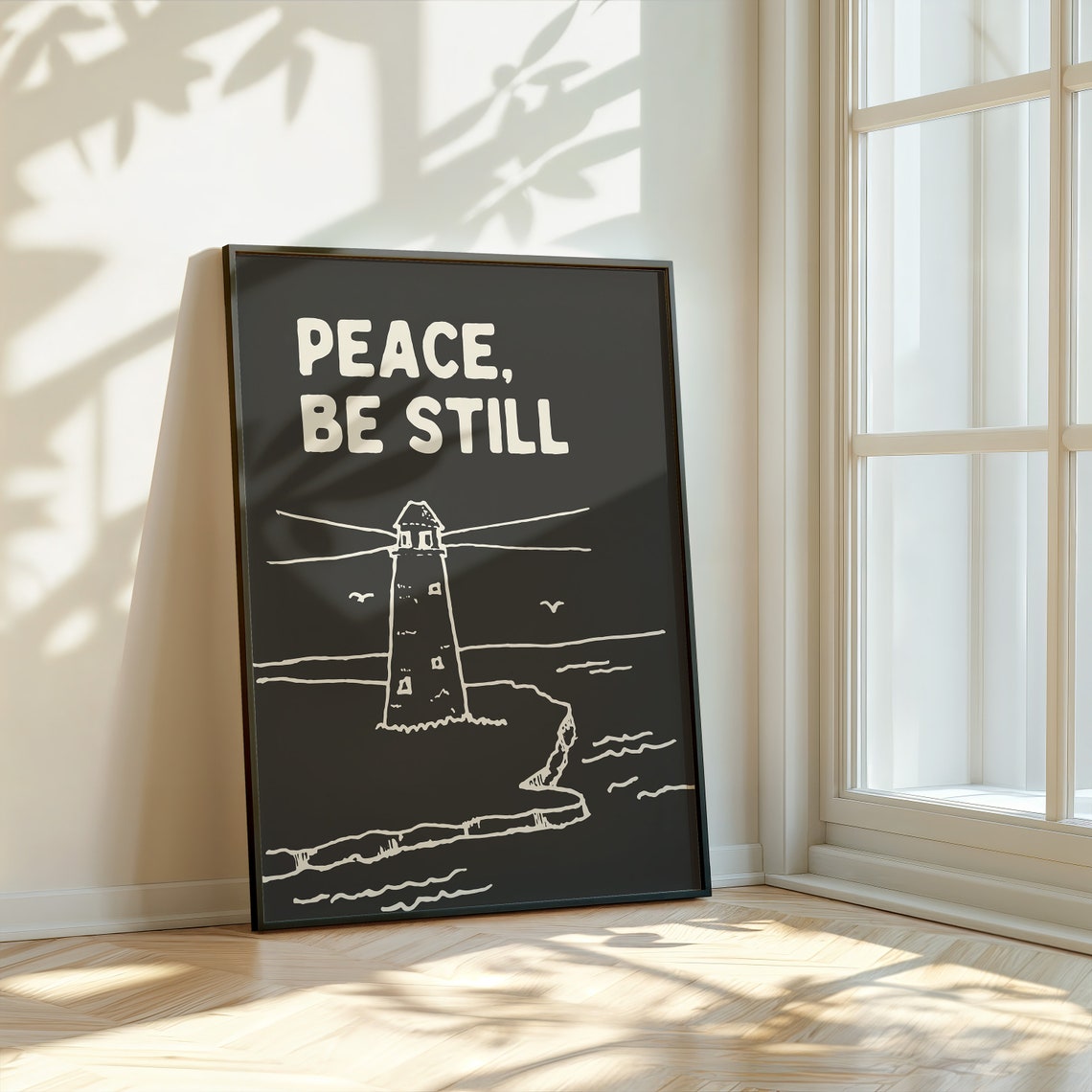 Lighthouse Bible Verse Wall Art Peace Be Still Christian Decor Minimalist Print Neutral Tone Poster - Image 3