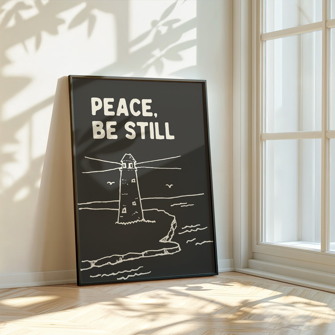 Peace Be Still Lighthouse Line Drawing Black Minimalist Christian Wall Art - Image 3