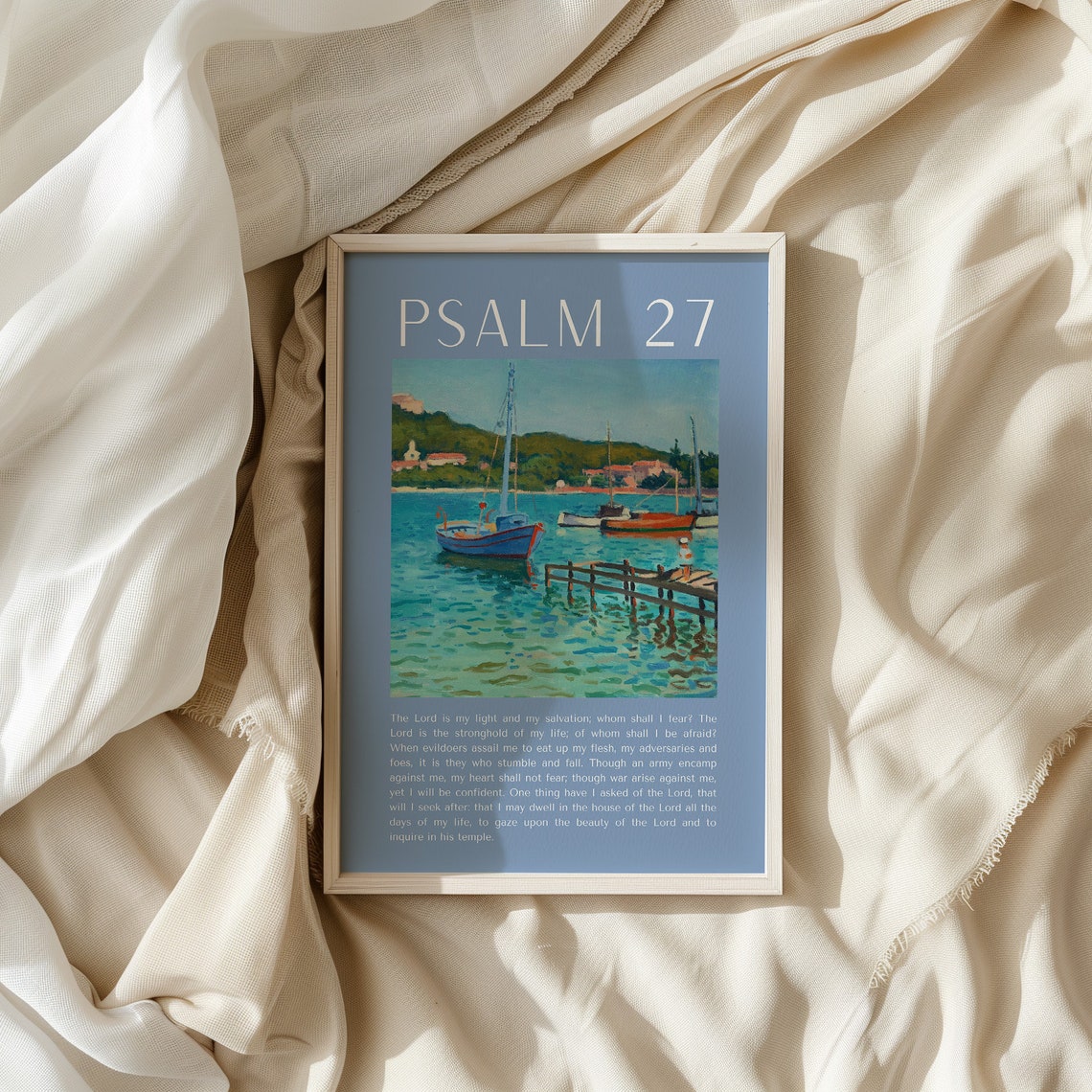 Psalm 27 Sailboat Harbor Painting Dusty Blue Scripture Verse Poster - Image 3