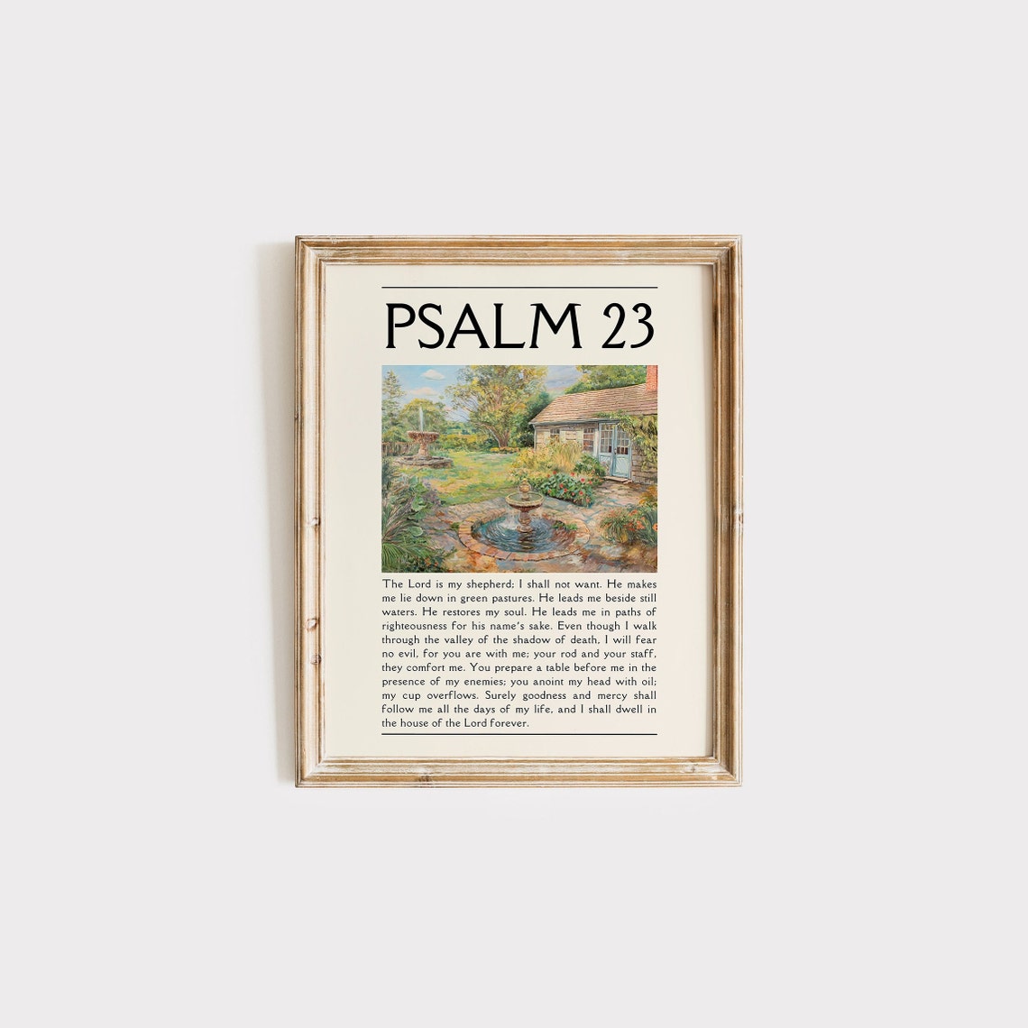 Psalm 23 Full Verse Painted Cottage Garden Fountain Scene Poster - Image 4