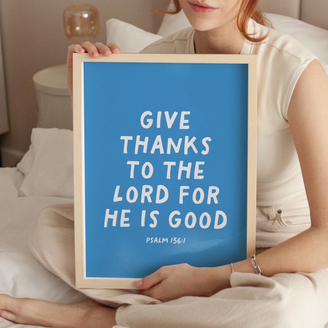Psalm 136:1 Give Thanks To The Lord Blue Typography Faith Poster - Image 3