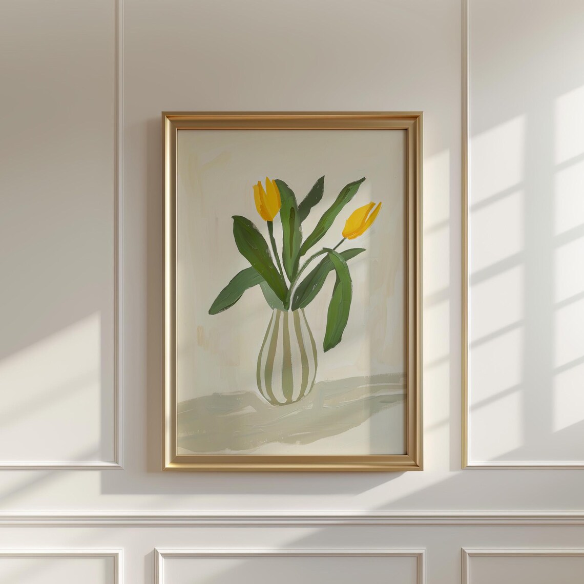 Yellow Tulips In Striped Vase Painterly Cream Floral Still Life Poster - Image 3
