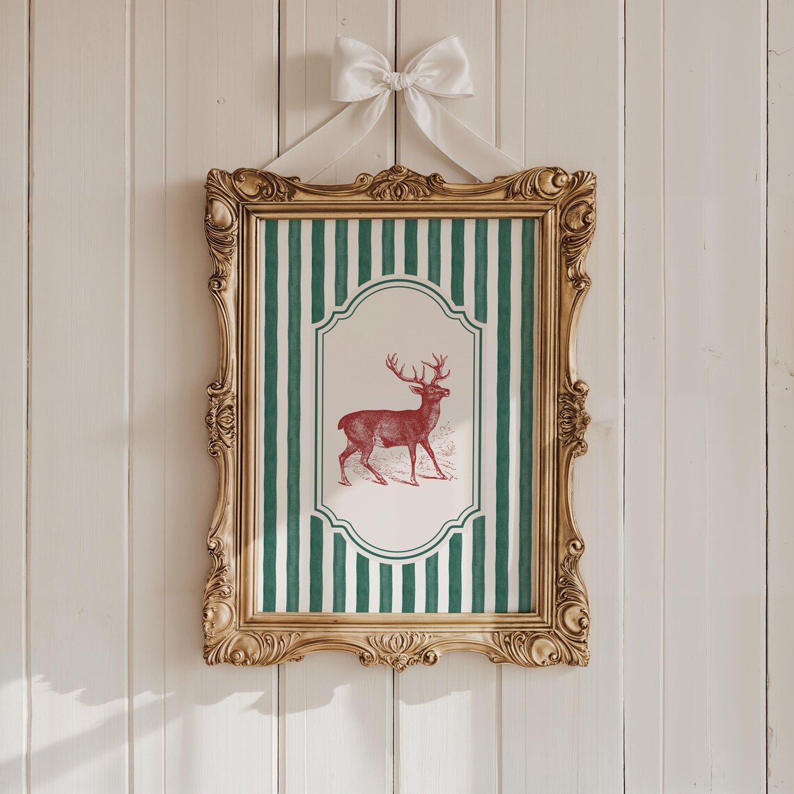 Vintage Red Deer Stag Engraving Green Striped Wildlife Art Print - Image 4