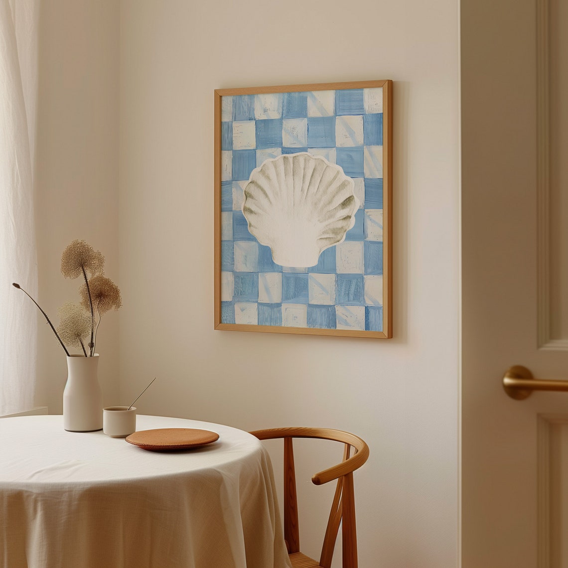 White Seashell Blue Gingham Check Coastal Watercolor Art Poster - Image 4