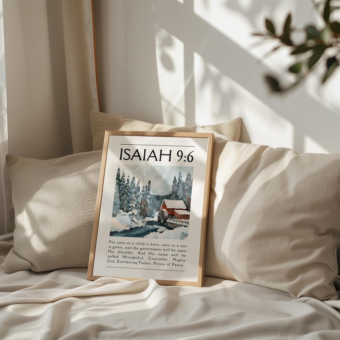 Isaiah 9:6 Winter Snowy Watermill Christmas Scripture Poster - Image 3