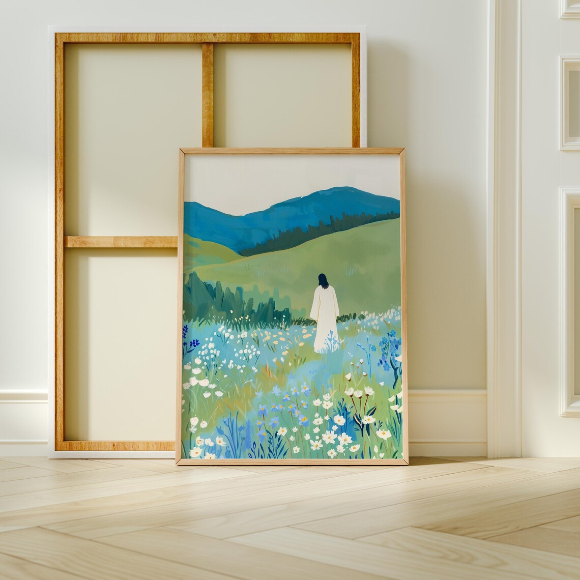 Jesus Walking In Wildflower Field, Christian Landscape Art Print - Image 3