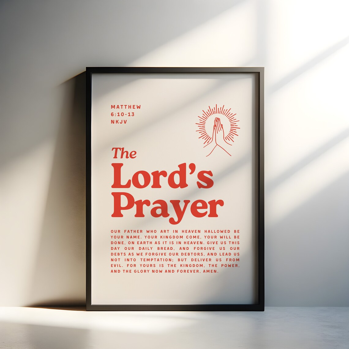 The Lords Prayer Matthew 6 10 13 Red Retro Praying Hands Christian Wall Poster - Image 3