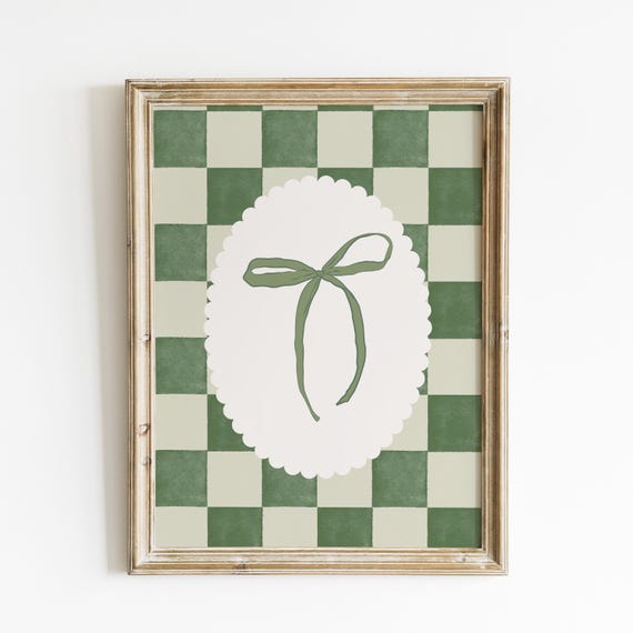 Green Bow Wall Art Print Rustic Checkered Background Artwork Cottagecore Minimalist Decor Vintage Inspired Sage Green Home Accent