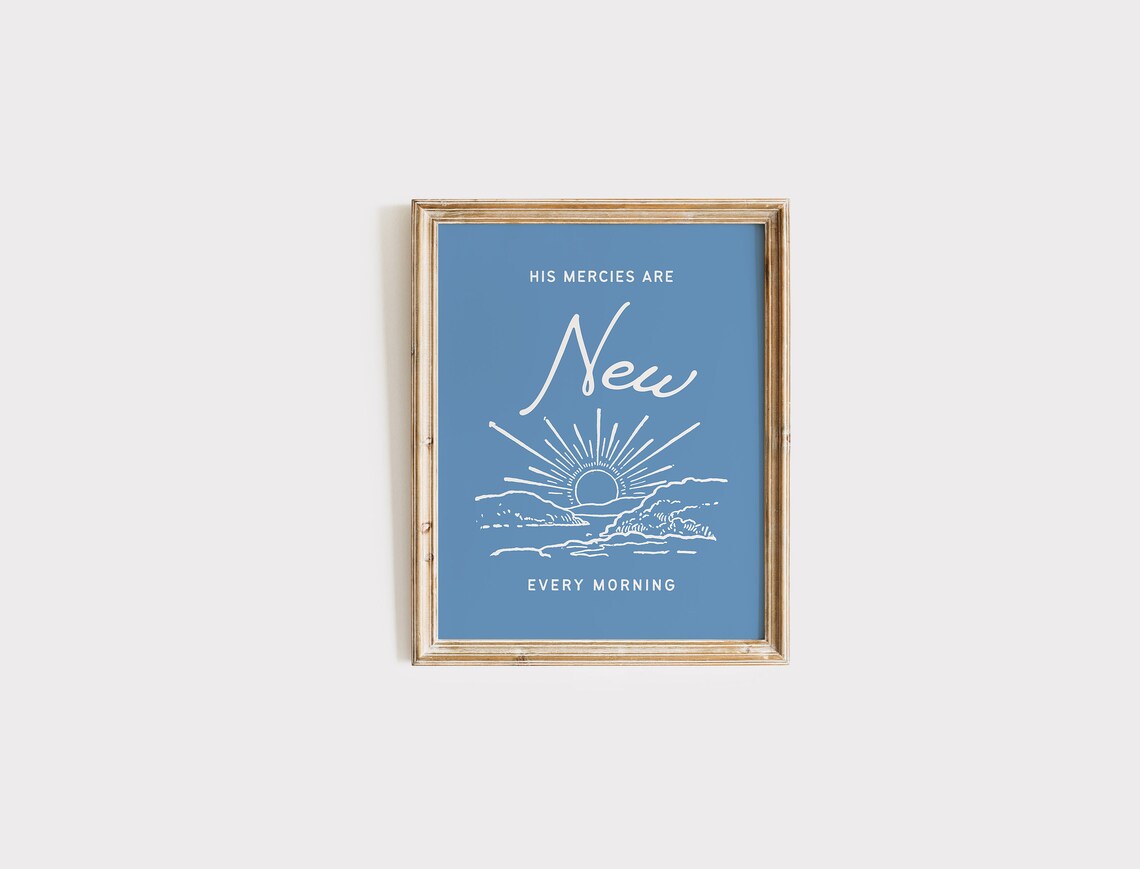 His Mercies Are New Every Morning Sunrise Retro Blue Christian Poster - Image 4