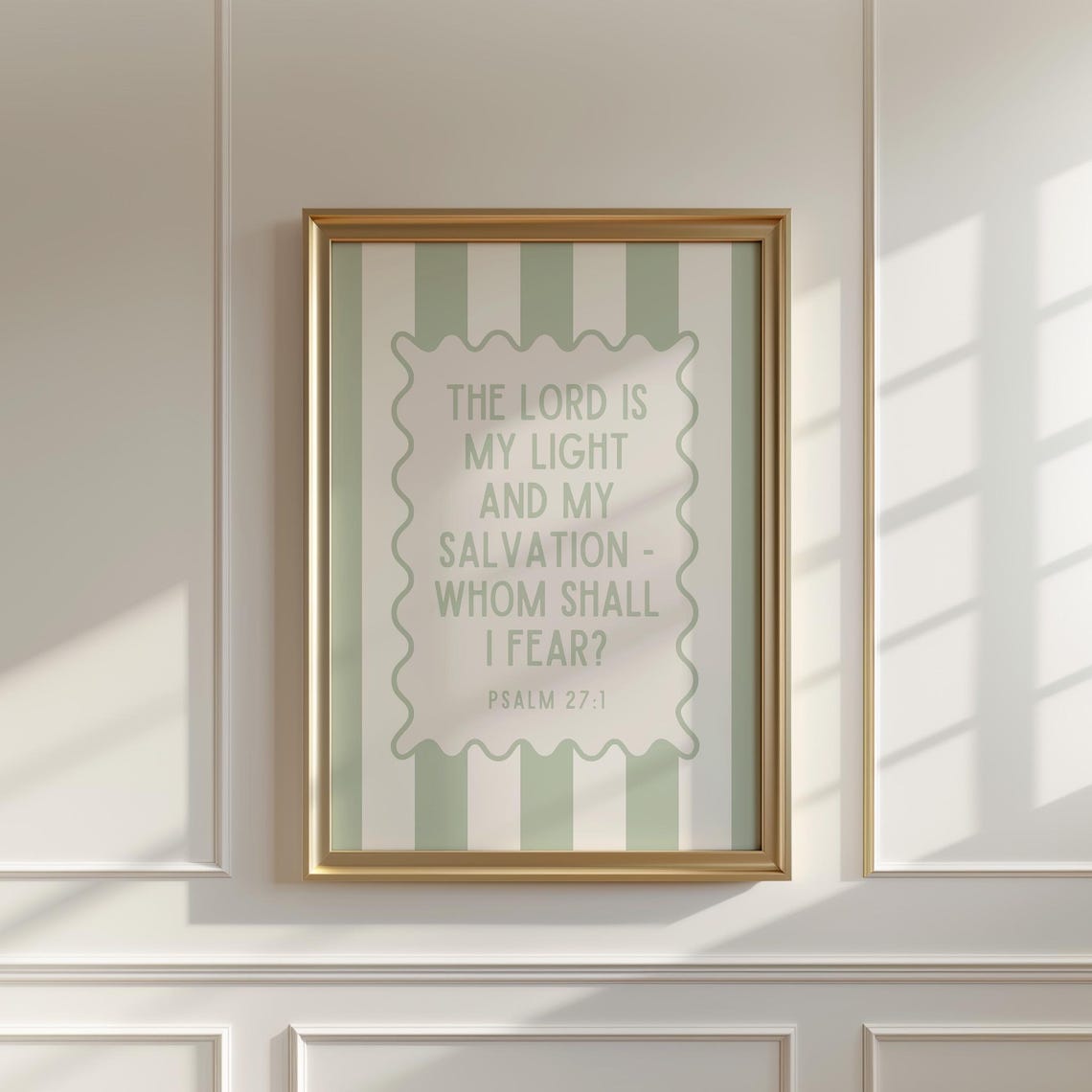 Psalm 27 1 The Lord Is My Light Sage Stripe Scalloped Frame Poster - Image 3