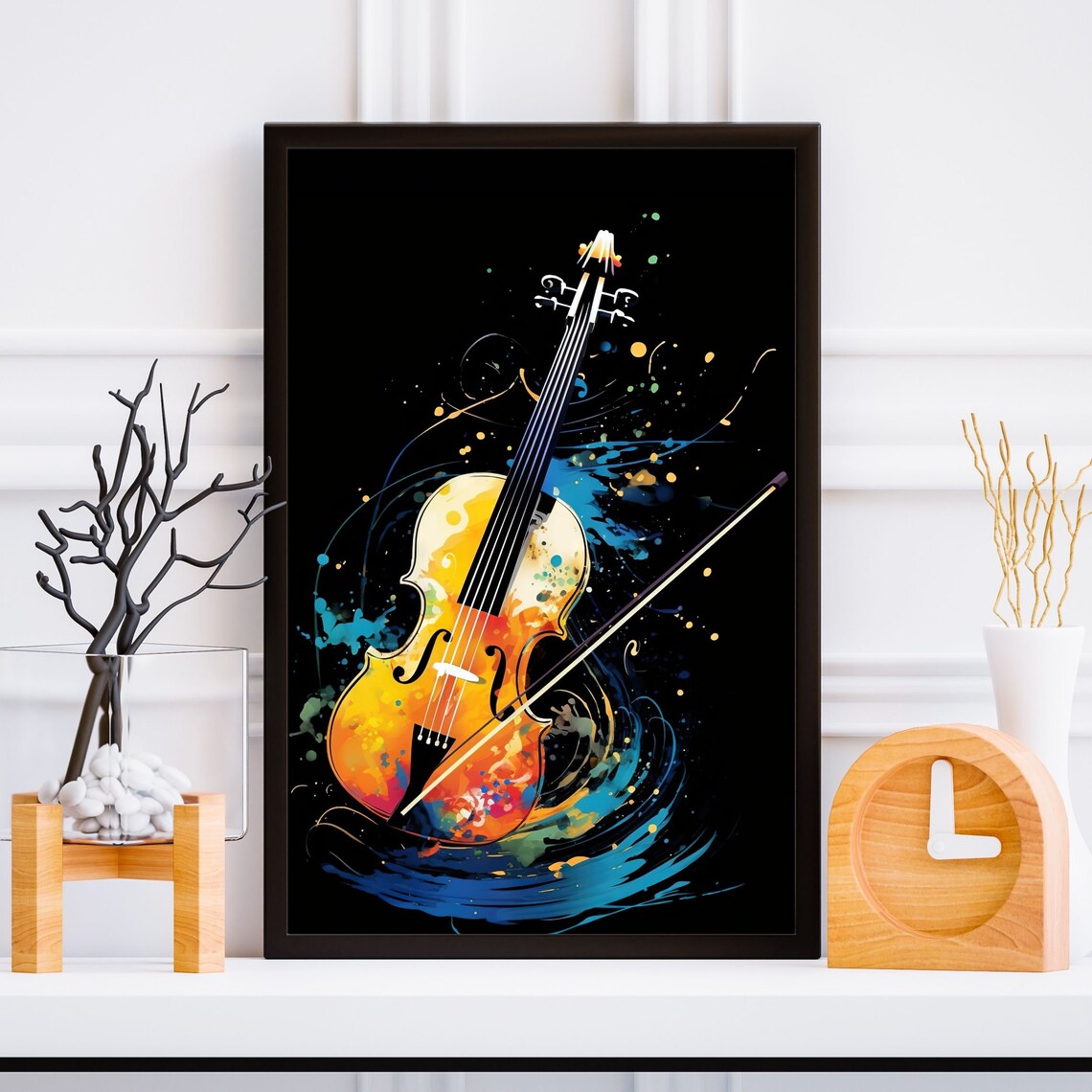 Violin and Bow Watercolor Splash Black Background Music Poster - Image 2