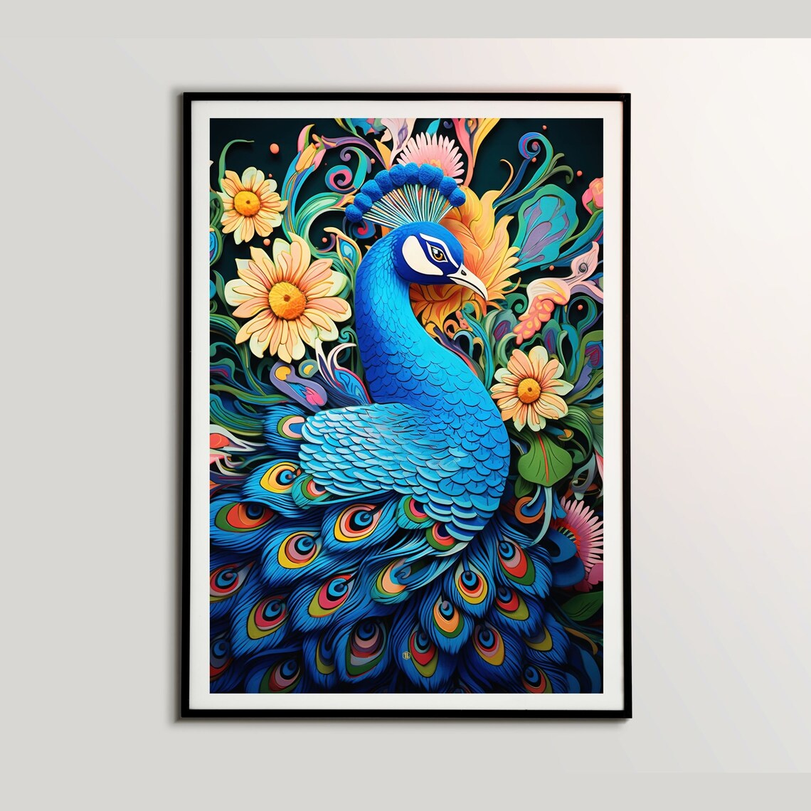 Peacock Bird Floral Fantasy Colorful Tropical Flower Art Poster