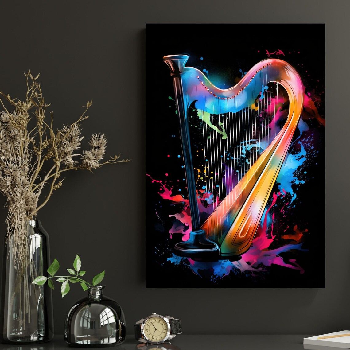 Colorful Standing Harp Watercolor Splash Black Background Poster - Image 2