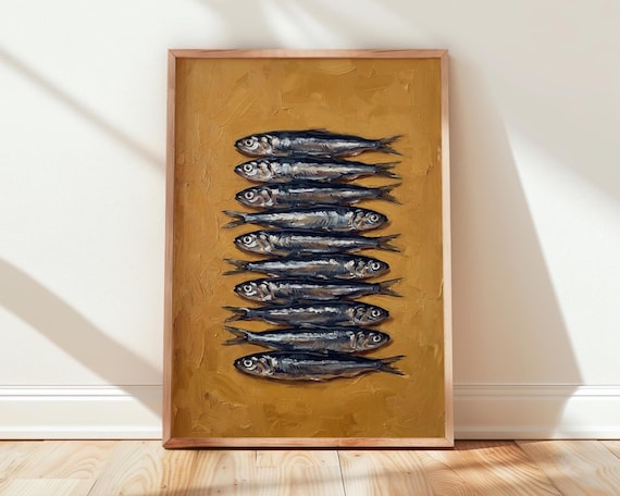 Anchovy Sardine Fish Oil Painting Gold Ochre Background Poster